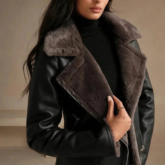 Black Casual Women's Faux Leather Composite Collar Jacket - Picture 6 of 7